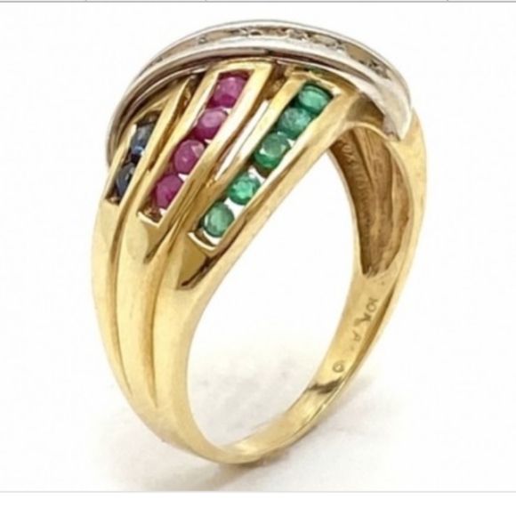 Diamonds Emeralds Rubies Sapphires Gold Magnificent Wedding Band - Picture 2 of 4